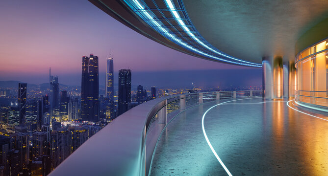 3D futuristic curved shapes design metal facade office exterior with city skyline - Powered by Adobe