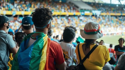 A group of diverse spectators are watching a sports game in a stadium.