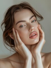 Portrait of charming sensitive woman in luxury spa touching her face, perfect skin, big eyes, puffed lips, staged photo with copyspace, professional shoot