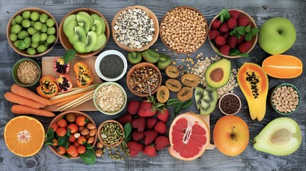 A variety of healthy food on a wooden table. The food includes fruits, vegetables, grains, and seeds.