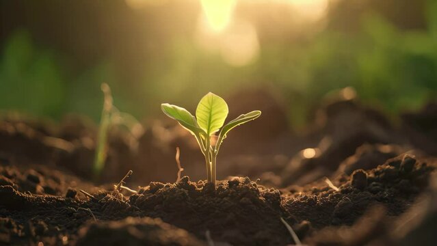 Green seedlings illustrating concept of new life and beginning to grow from seed, developing plant, Young plant with a ground backdrop, AI Generated