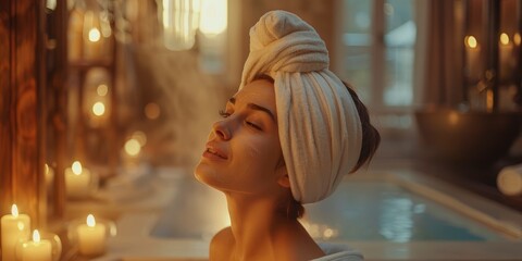 Fototapeta na wymiar Portrait of gorgeous captivating woman in luxury spa environment, staged photo with copyspace