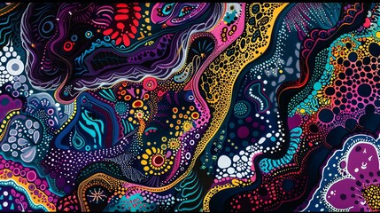 Colorful abstract painting with vibrant colors and intricate patterns. The painting has a dreamlike quality, and it is full of energy and movement.