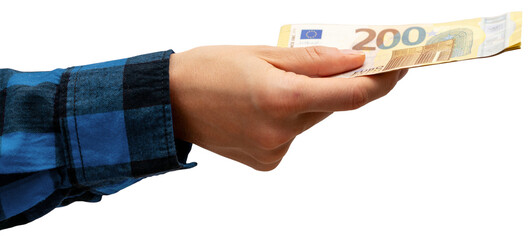 Isolated female hand in blue shirt cuff giving  two hundred euro bills. Hand holding euro banknotes.