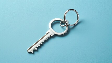 A silver key on a blue background. The key is made of metal and has a round head with a hole in it. The key is attached to a metal ring.