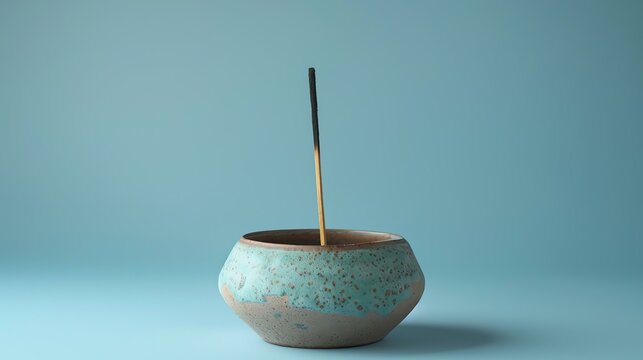 A ceramic bowl with a burning incense stick on a blue background.