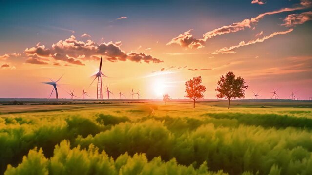 Sunset over the field with wind turbines in the background. Landscape. Ecological wind turbines on a green field, AI Generated
