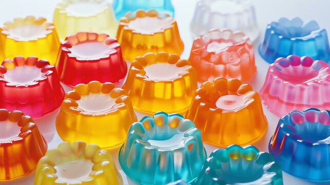 Colorful gelatin desserts in plastic cups. The colors are red, orange, yellow, green, blue, and purple. The gelatin is jiggly and translucent.