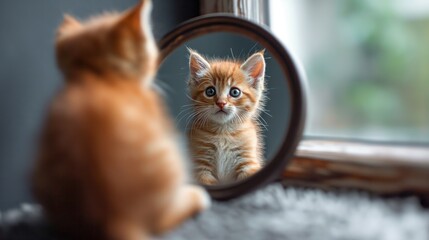 Cute kitten looking in the mirror. The Lion and the Lamb together. Created with generative AI.