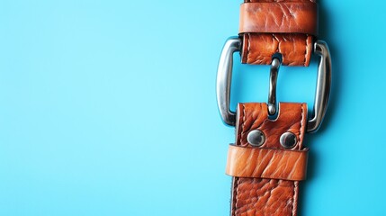 **Image description:**  A brown leather belt with a silver buckle on a blue background. The belt is worn and has a distressed look. - obrazy, fototapety, plakaty