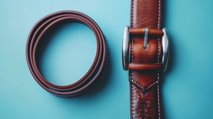 Top view of a brown leather belt with a silver buckle on a blue background. - obrazy, fototapety, plakaty