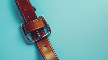 **Image Description:**  A brown leather belt with a silver buckle is fastened against a blue background. - obrazy, fototapety, plakaty