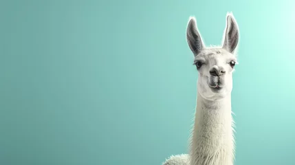  A llama is standing in front of a blue background. The llama is looking at the camera with a curious expression. It has a white coat and brown eyes. © Nijat