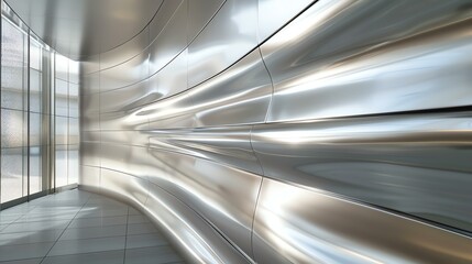 Abstract image of a curved metal wall with a shiny, reflective surface.