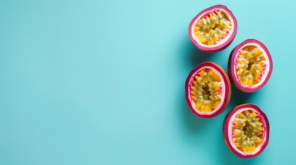 Four halves of passion fruit on a blue background. The passion fruits are ripe and juicy, with a...