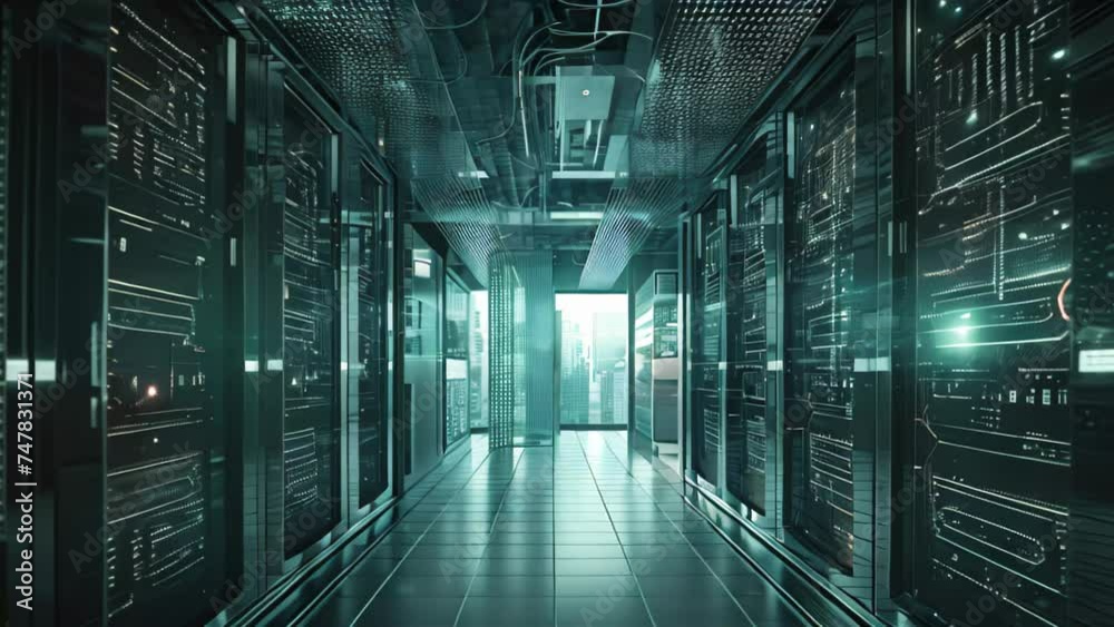 Poster server room data center. 3d rendering toned image double exposure. futuristic network and server in 