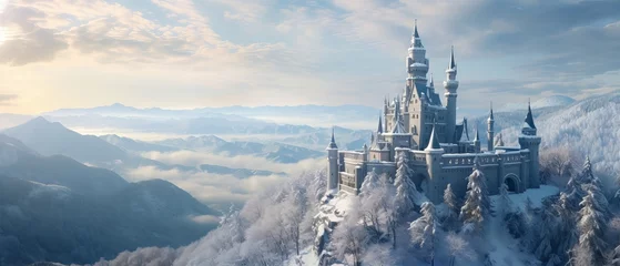 Zelfklevend Fotobehang Winter Wonderland: Enchanting Castle Amidst Snowy Peaks and Forests, Canon RF 50mm f/1.2L USM Capture © Nazia