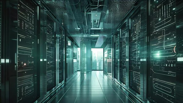 Server room data center. 3d rendering toned image double exposure. Futuristic Network and server in a data center, AI Generated