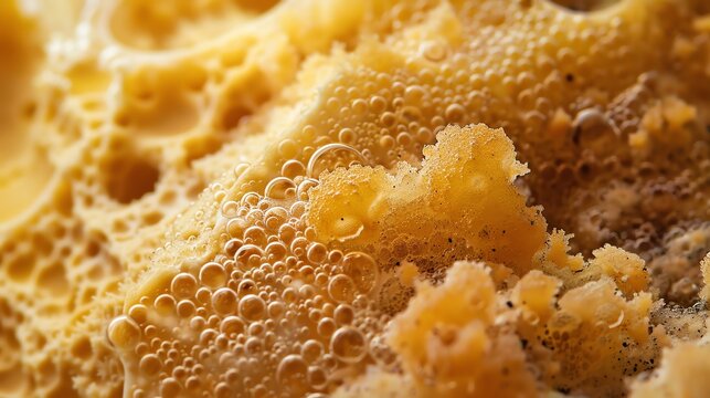 Amazing close-up of a yellow sponge with water bubbles. The sponge has a rough texture and is full of tiny holes.