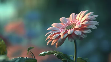 Rollo Light pink gerbera flower in full bloom with green leaves on a blurred background. © Nijat