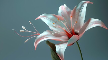 This is an image of a beautiful flower. The flower is white with pink edges and has a long stem with green leaves.