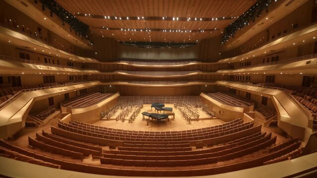 Empty auditorium with seats and lighting in the evening, A luxurious and huge empty concert hall, Ai Generated