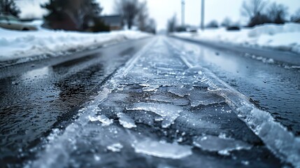 Icy road in winter. The road is covered with a thick layer of ice and snow, making it dangerous to drive. - obrazy, fototapety, plakaty