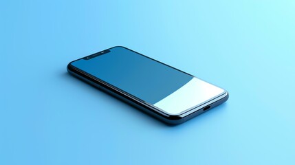 A sleek black smartphone with a blank screen lies on a blue surface. The phone is at a slight angle, and the light is reflecting off the screen.
