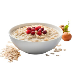 bowl of oatmeal with raspberries and mint leaves on transparent background