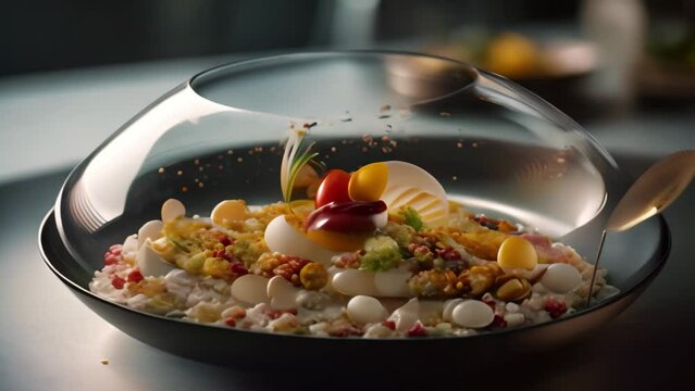 Delicious fish soup in a glass bowl on a black background. Michelin Star quality food dish close up view, AI Generated