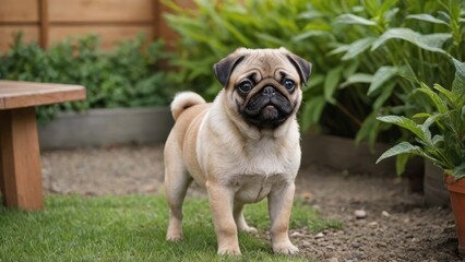 Fawn pug dog in the garden