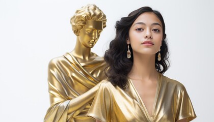 A woman wearing a gold tia in front of a statue on a white background --ar 7:4 Job ID: 4b728f81-3436-43c3-a0c3-c204cd49d220