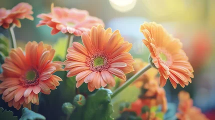 Gordijnen Soft focus on a beautiful orange gerbera flower in full bloom with green foliage on a blurred background. © Nijat