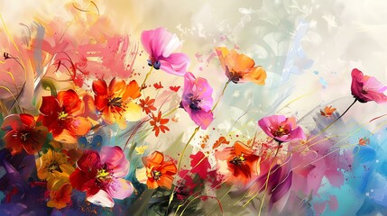 This is a beautiful painting of colorful flowers. The petals are soft and delicate, and the colors are vibrant and eye-catching.