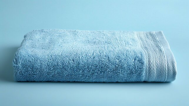 Soft and fluffy blue towel folded on a blue background. The towel is made of 100% cotton and is perfect for drying off after a bath or shower.