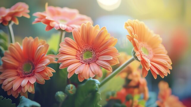 Soft focus on a beautiful orange gerbera flower in full bloom with green foliage on a blurred background. © Nijat