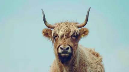 Crédence de cuisine en verre imprimé Highlander écossais Close-up portrait of a highland cow looking at the camera with a neutral expression. The cow has long brown fur and black horns.