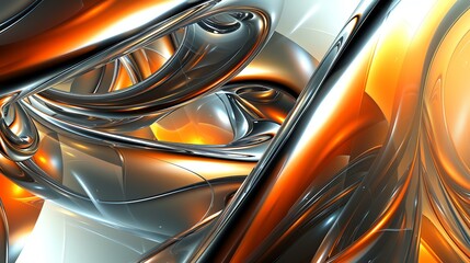3D rendering of intertwined orange and silver metal tubes with a shiny reflective surface. Abstract background with smooth curves and shapes.