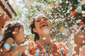 Joyful woman and child celebrating with confetti outdoors. Family fun and happiness.