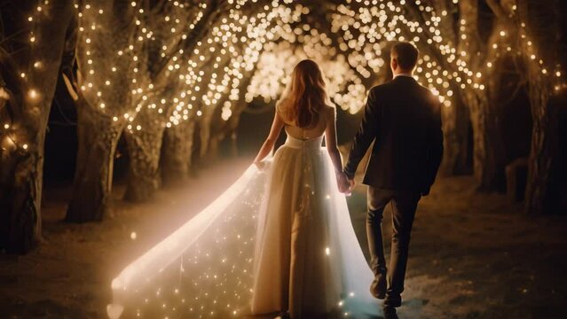 Beautiful wedding couple, bride and groom, walking in the park at night, New bride and groom full rear view standing and holding hand, AI Generated
