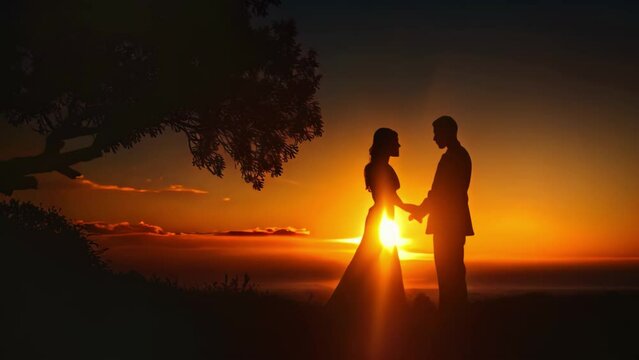 Silhouette of a newlywed couple on the background of the setting sun, New wedding couple silhouette with a shiny sunset , AI Generated