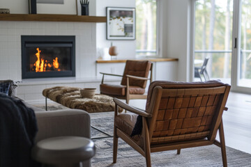 Cozy modern living room interior with fireplace and stylish decor. Home comfort and design.