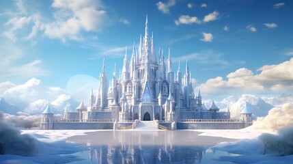 A majestic AI-constructed ice palace stands as a symbol of enchantment in the winter landscape, its intricate architecture and crystalline spires creating a sense of wonder. 
