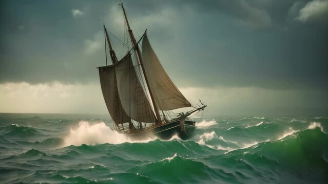 Vintage sailboat in a stormy sea, vintage style photo. Old sailboat caught in a big storm at sea, AI Generated