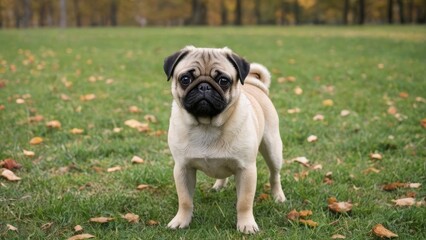 Fototapeta premium Fawn pug dog in the park