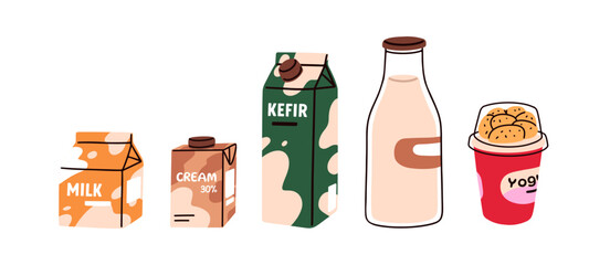 Dairy products in packages set. Cow milk, kefir, cream, yogurt on carton boxes, bottles. Milky beverages, drinks, food in packs. Flat graphic vector illustrations isolated on white background - 747832547