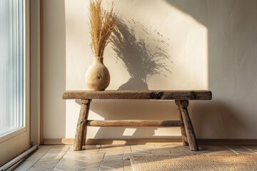 Rustic vase with dried wheat on wooden bench in sunlit room. Home interior decor.