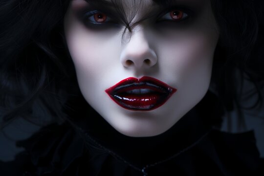 
Portrait of vampire lips, the sinister smile revealing menacing fangs dripping with blood. The deep red hue of the blood stands out against the pale skin, creating a striking and unsettling contrast