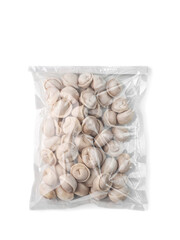 frozen uncooked dumplings in recycled clean plastic package on white background isolated