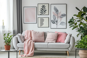 Stylish modern living room interior with sofa and artwork. Home decoration and comfort.